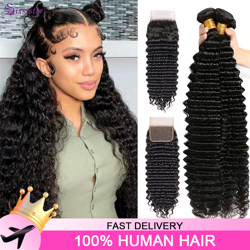Deep Wave 3 Bundles With Closure - Extension di Capelli Umani Ondulati con